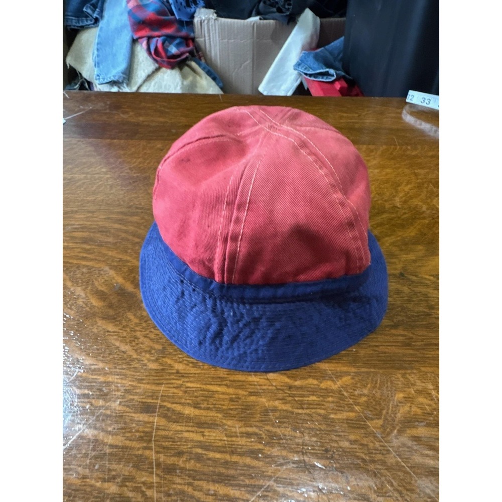 Vintage Two Tone Hat Bucket Mens One Size Red Blue Twill Leather Band Summer